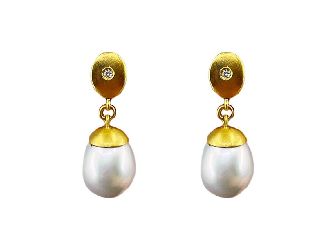 24k YG and SS Gray Pearl and Diamond Drop Earrings