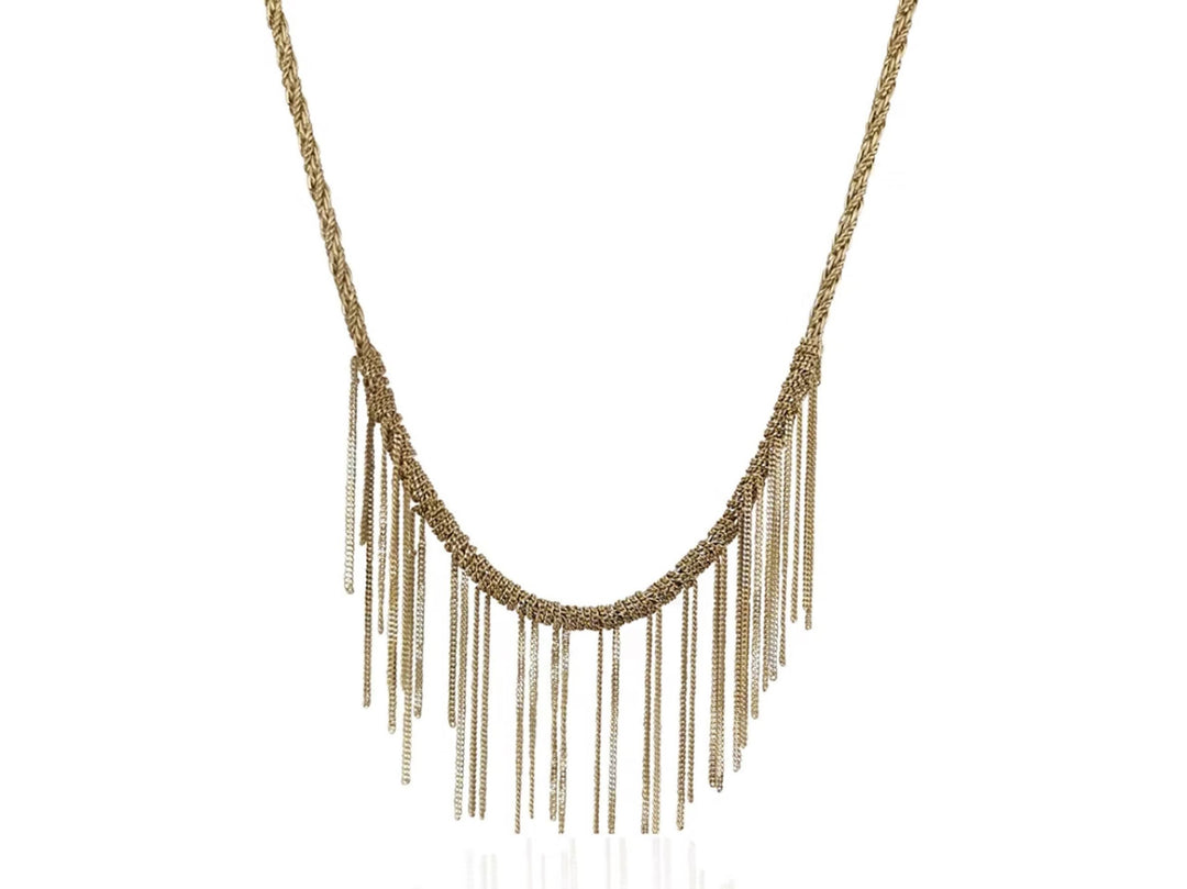 Gold Woven Chain Necklace with Chain Drops