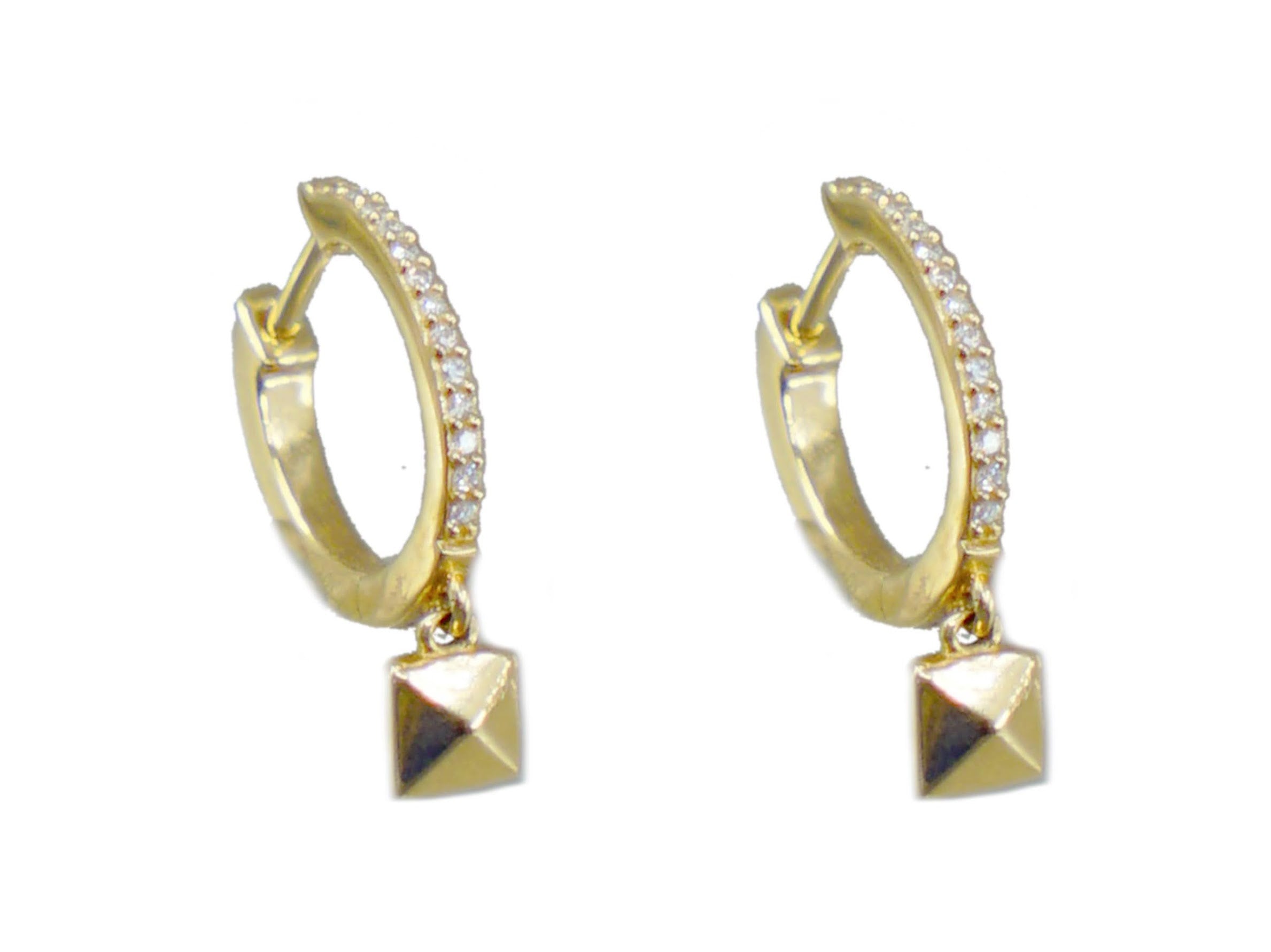 14k Pyramid Drop Huggie Hoops with Diamonds