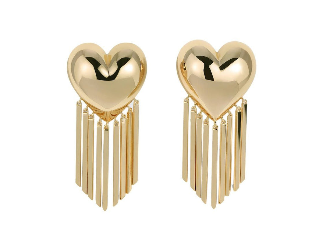 Gold Heart Stud Earrings with Fringe