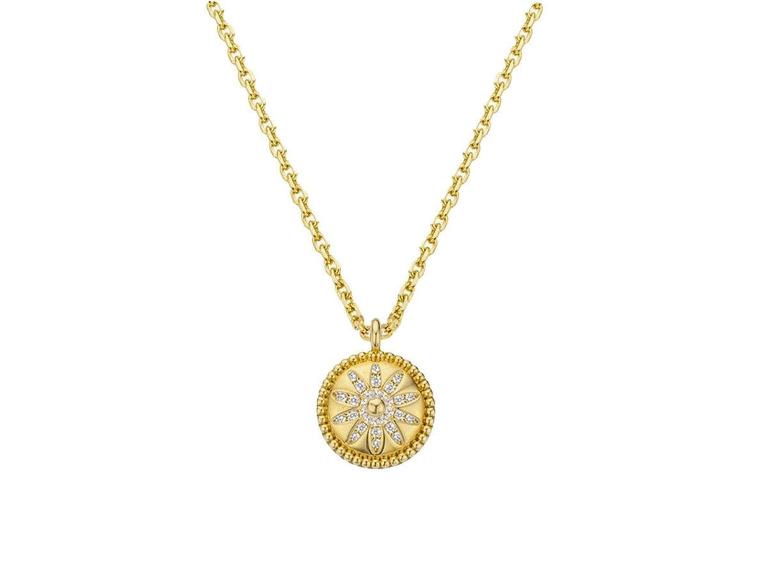 Gold Flower Disc Necklace with CZs