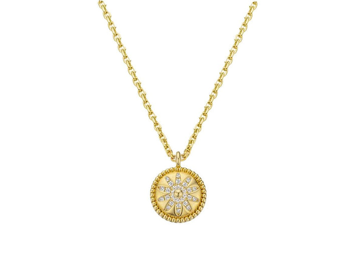 Gold Flower Disc Necklace with CZs