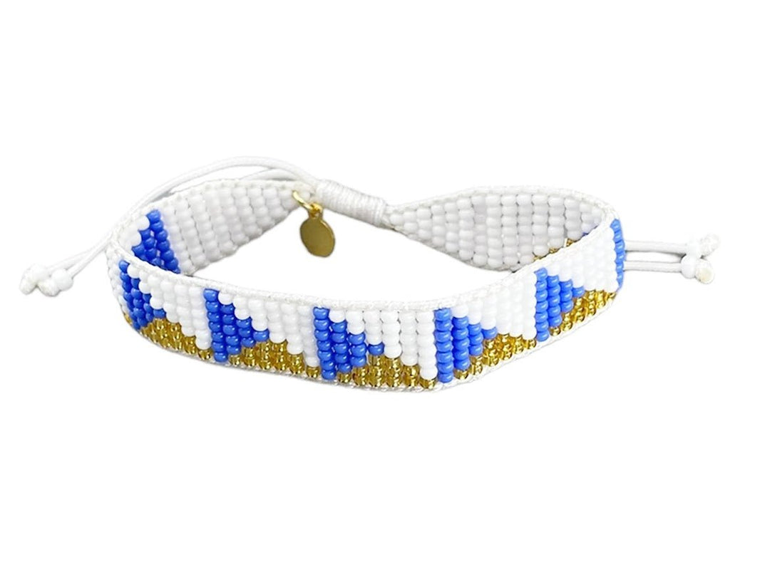 Blue, Gold, and White Beaded Triangle Bracelet