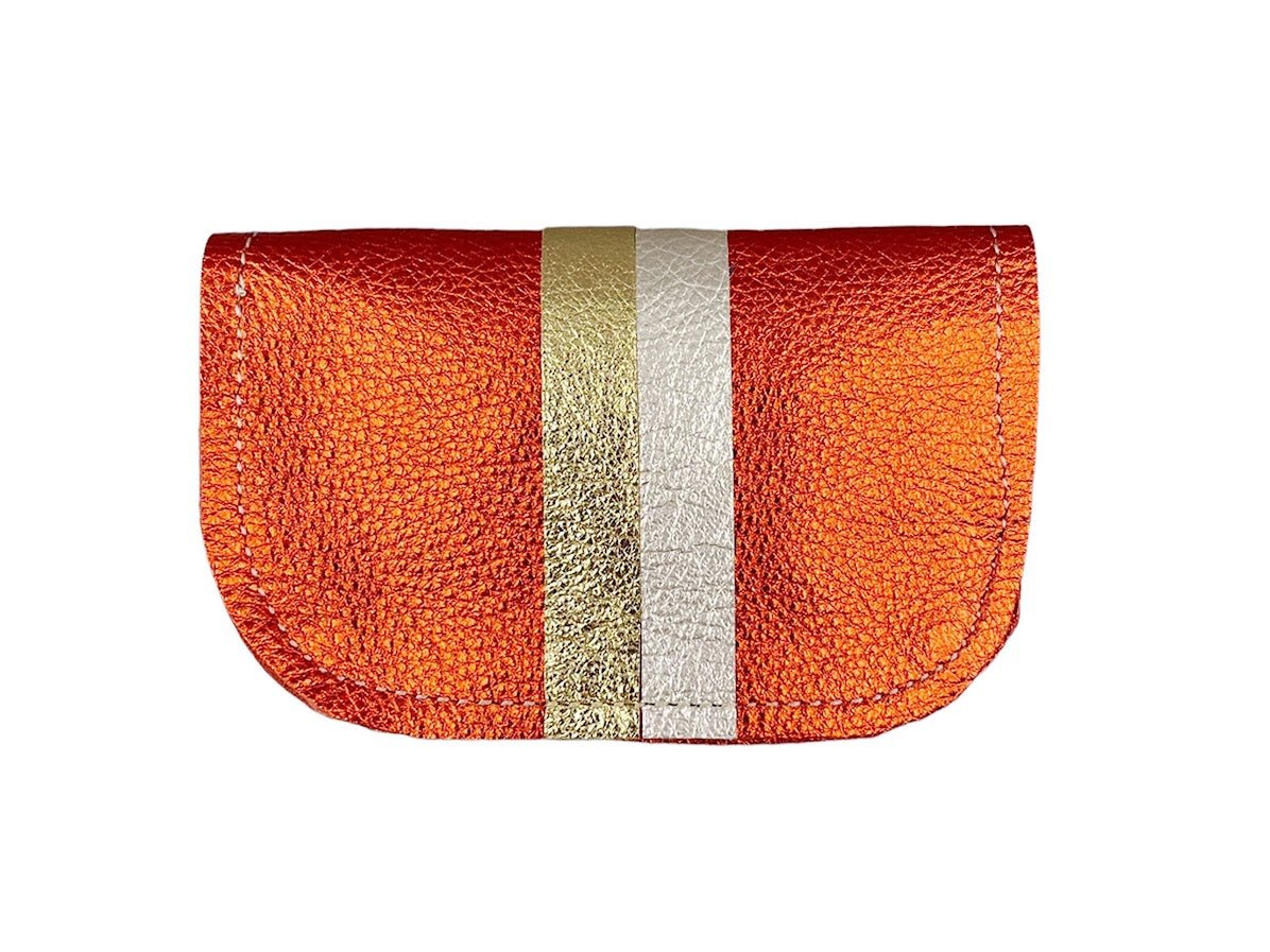 Orange Metallic Leather Wallet with Platinum and Gold Stripes