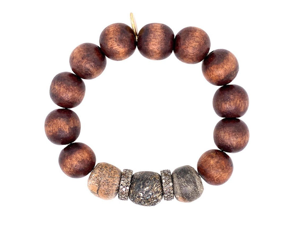 Brown Wood Bracelet with Stegadon Fossil Beads and Pave Roundels