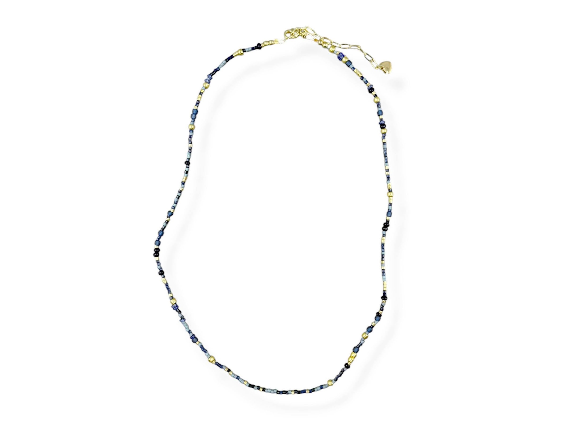 Navy Glass Seed Bead and Gold Bead Necklace