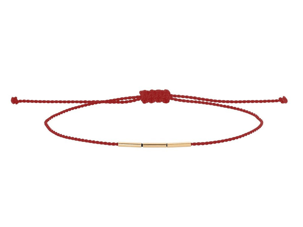 14k and Red Cord Bracelet with Three Tube Beads