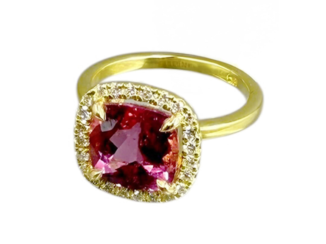 18k Rubellite Ring with Diamond Halo