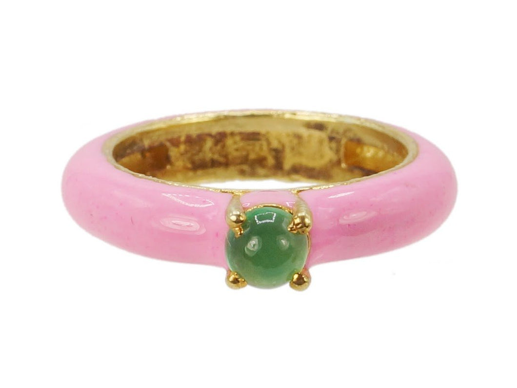 Pink Enamel Ring with Round Emerald
