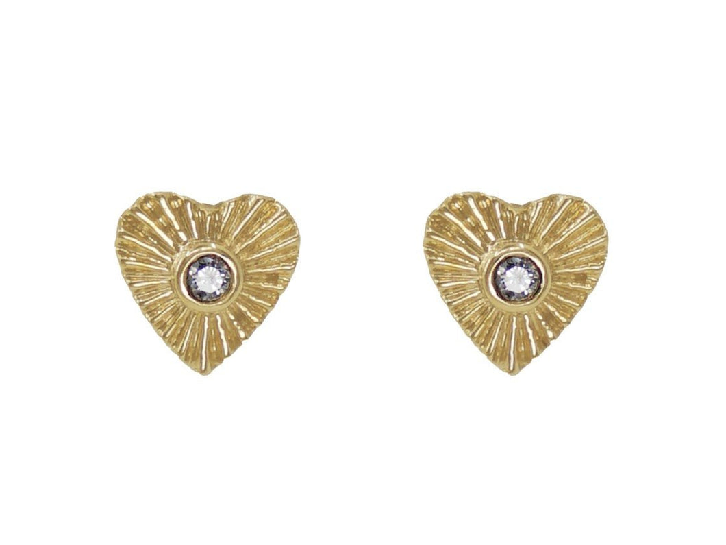 14k Ridged Heart Earrings with Diamond Centers