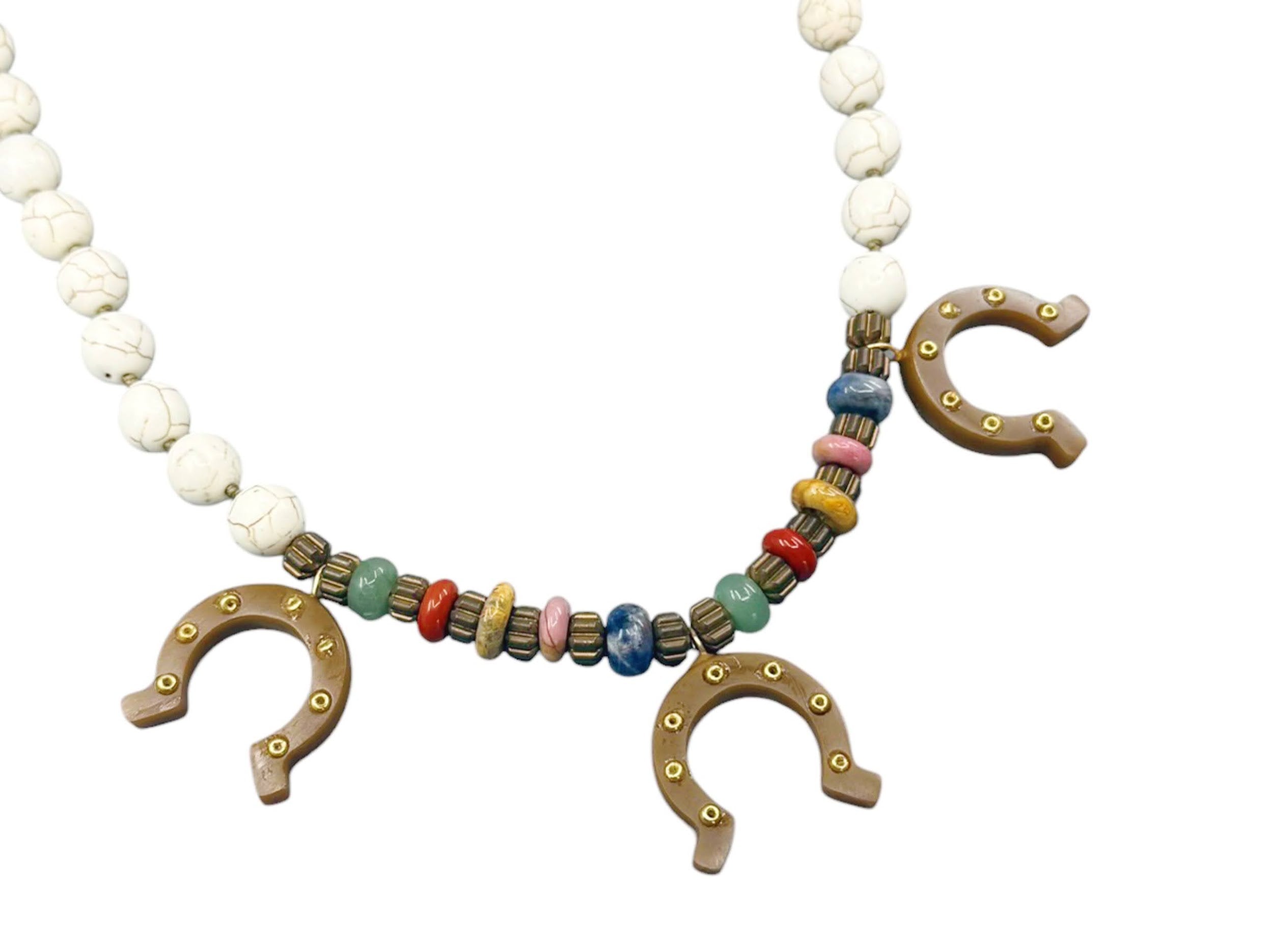 Multiple Gemstone Necklace with Three Horseshoe Charms