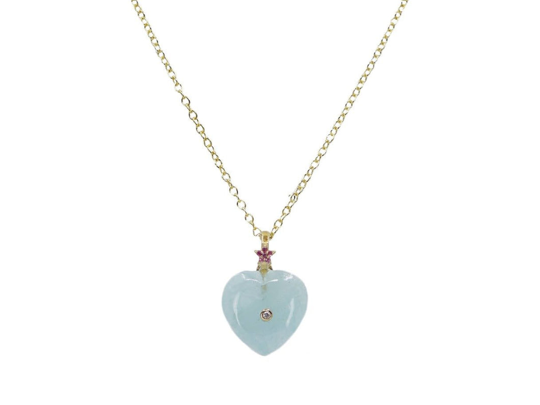 14k Aquamarine Heart Charm Necklace with Diamond and Pink Sapphire