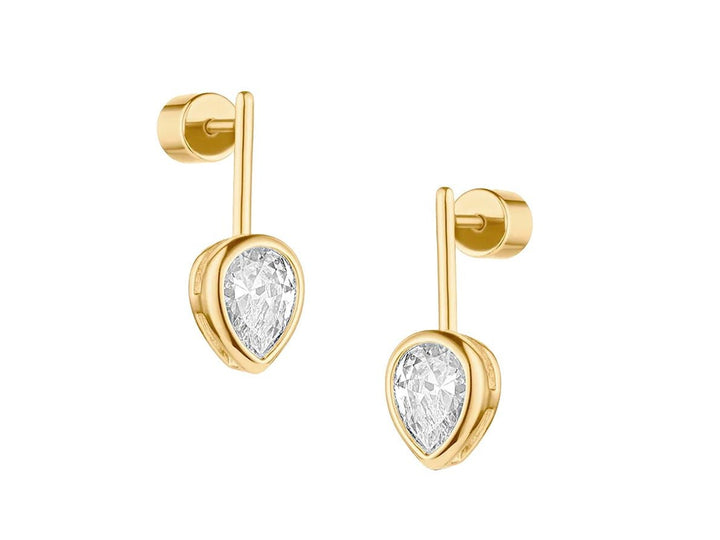 Gold Drop Down Stud Earrings with Teardrop CZs
