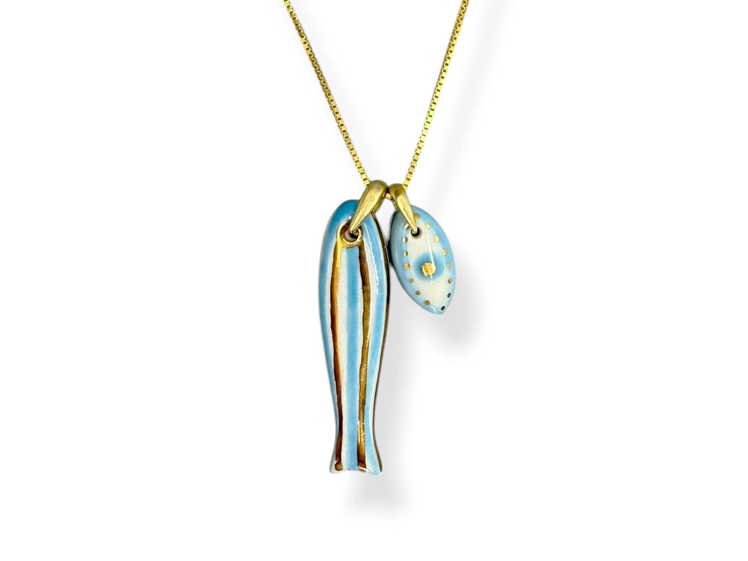 Small Porcelain Light Blue Stripe Sardine Charm with Evil Eye Charm