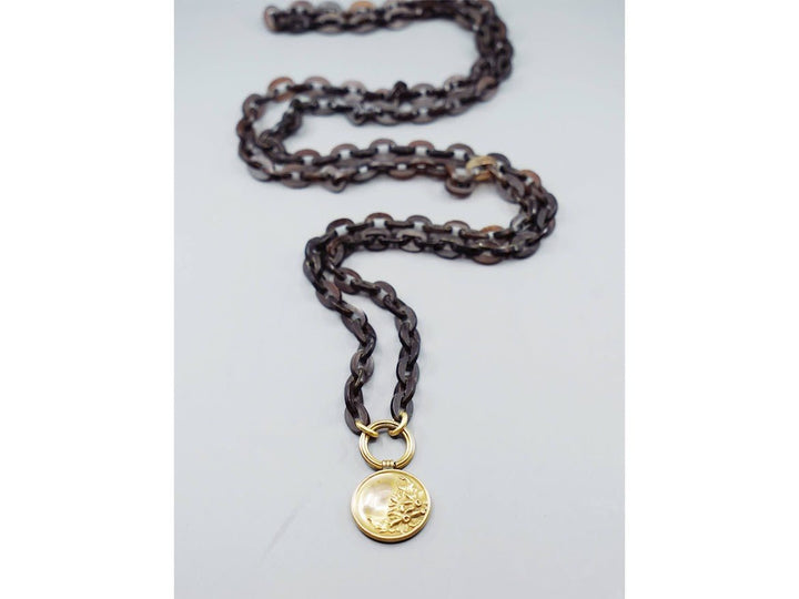 Victorian Gutta Percha Link Necklace with Victorian Floral Charm