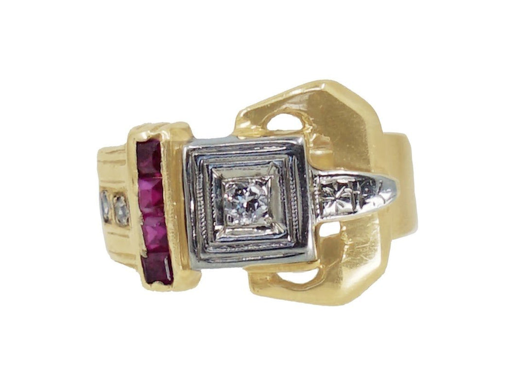 1940s 14k Yellow Gold Buckle Ring with Rubies and Diamonds