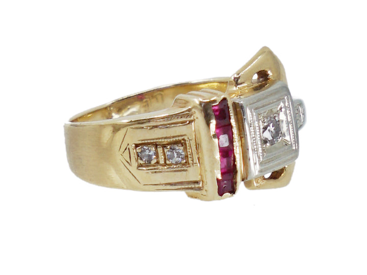 1940s 14k Yellow Gold Buckle Ring with Rubies and Diamonds
