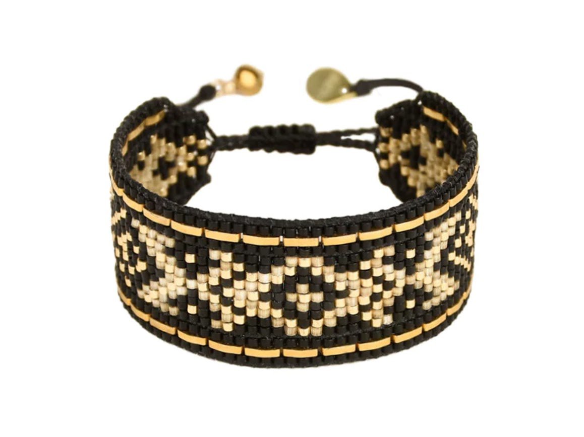 Black and Gold Diamond-Patterned Beaded Bracelet