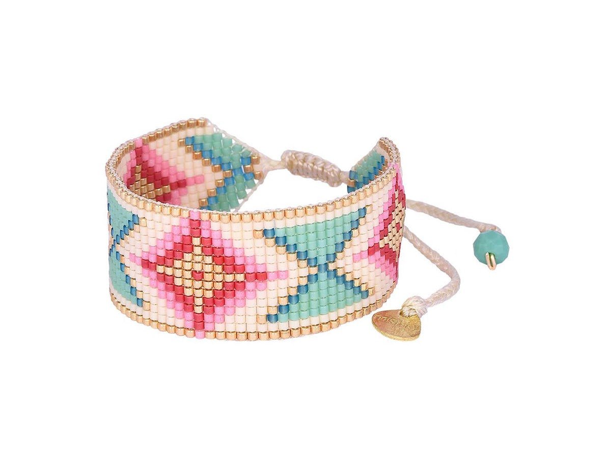 Wide Pink, Blue, and Ivory Woven Bead Bracelet