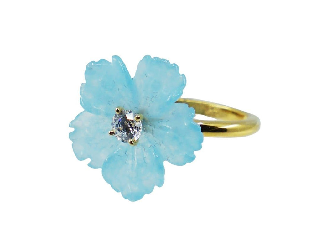 Carved Blue Quartzite Flower Ring with CZ Center