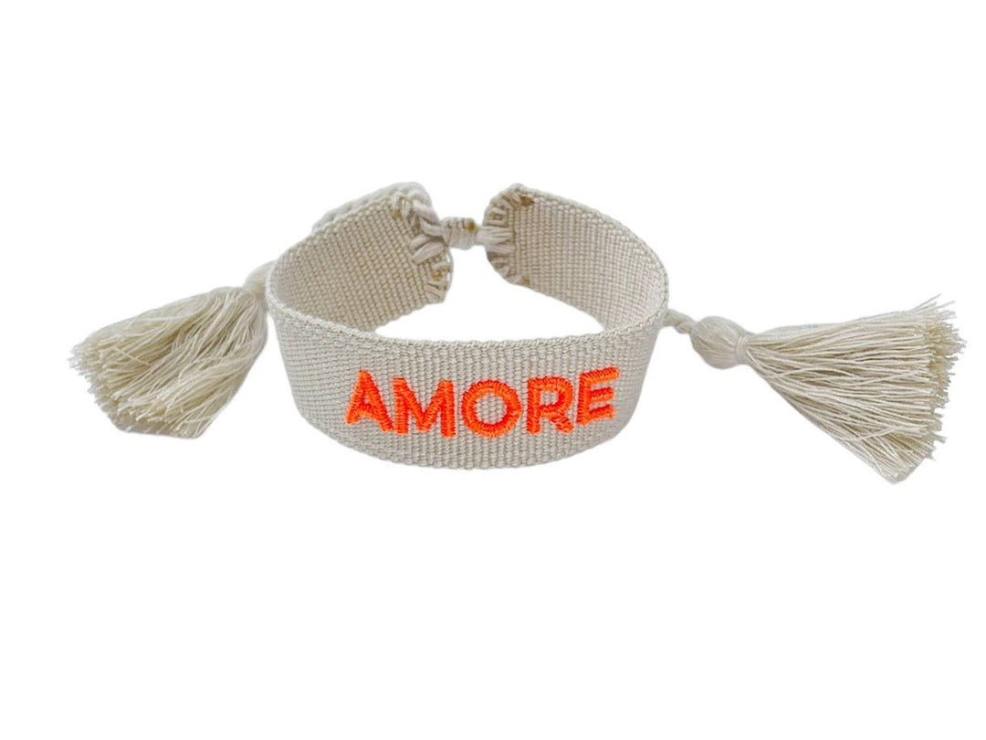 Beige and Neon Orange Woven AMORE Bracelet