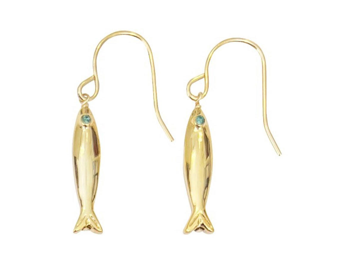 Pair Gold Fish Drop  Earrings with Apatite