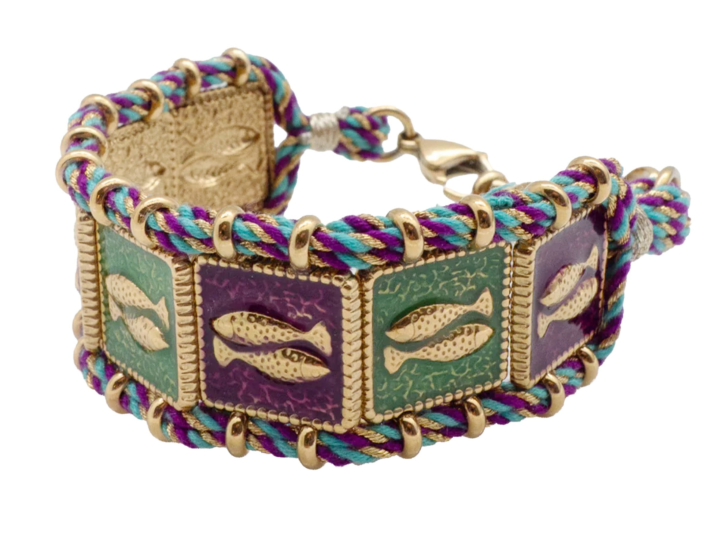 Purple and Green Bracelet with Golden Fishes