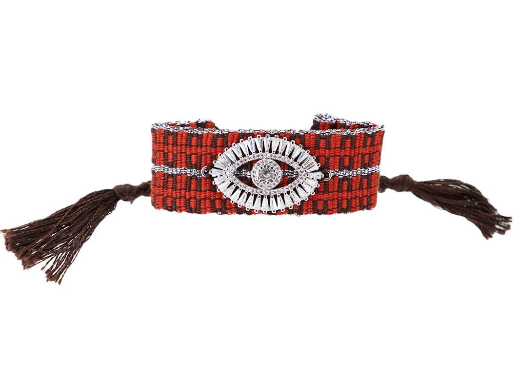 Red and Brown Woven Bracelet with Evil Eye