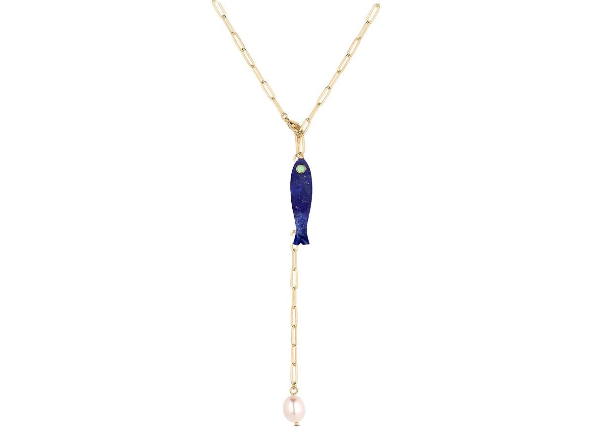 Lariat Chain with Pearl and Lapis Fish Charm