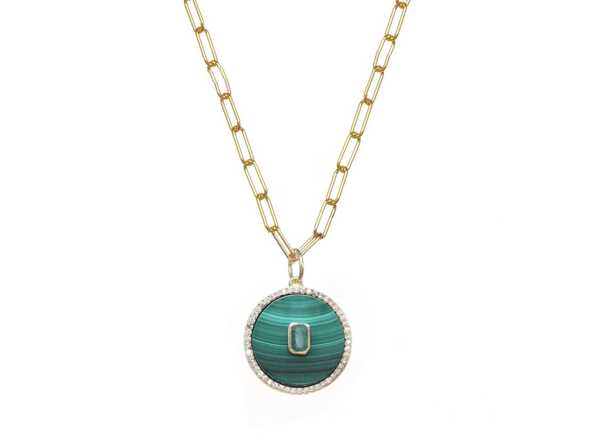 Malachite, Emerald, and CZ Disc Necklace.