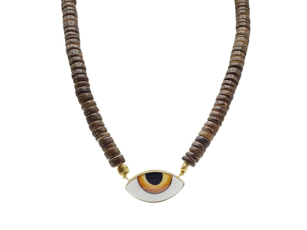Wooden Bead Necklace with Handpainted Orange Evil Eye