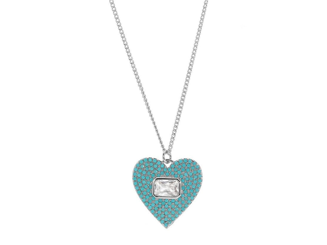 Silver Turquoise and Clear CZ Heart Pendant Necklace