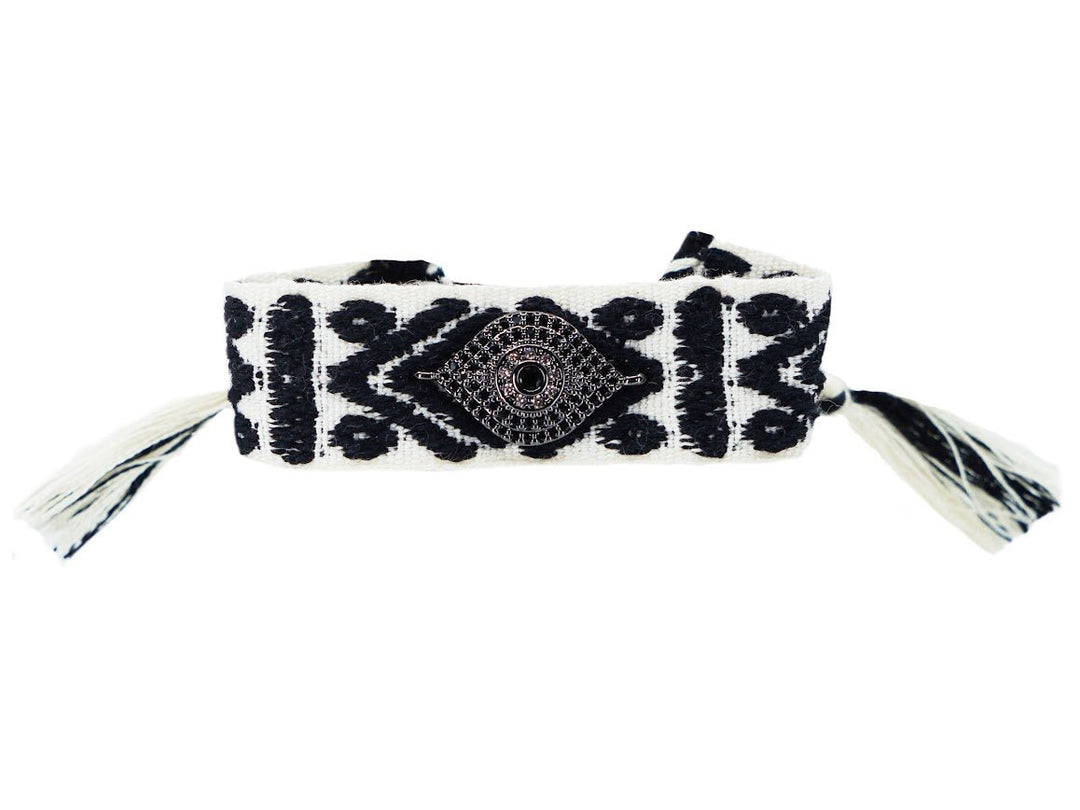 White and Black Woven Bracelet with Evil Eye.