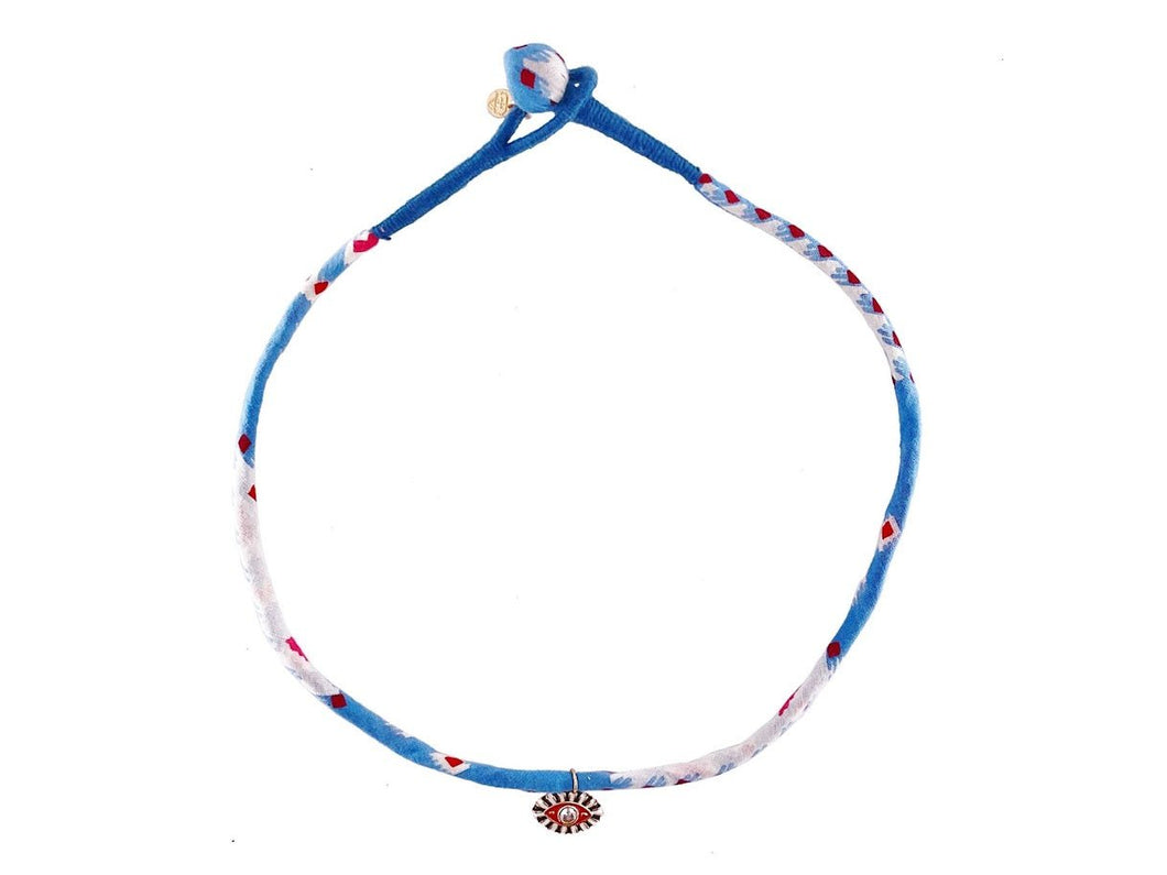 Light Blue and Red Fabric Necklace with Evil Eye