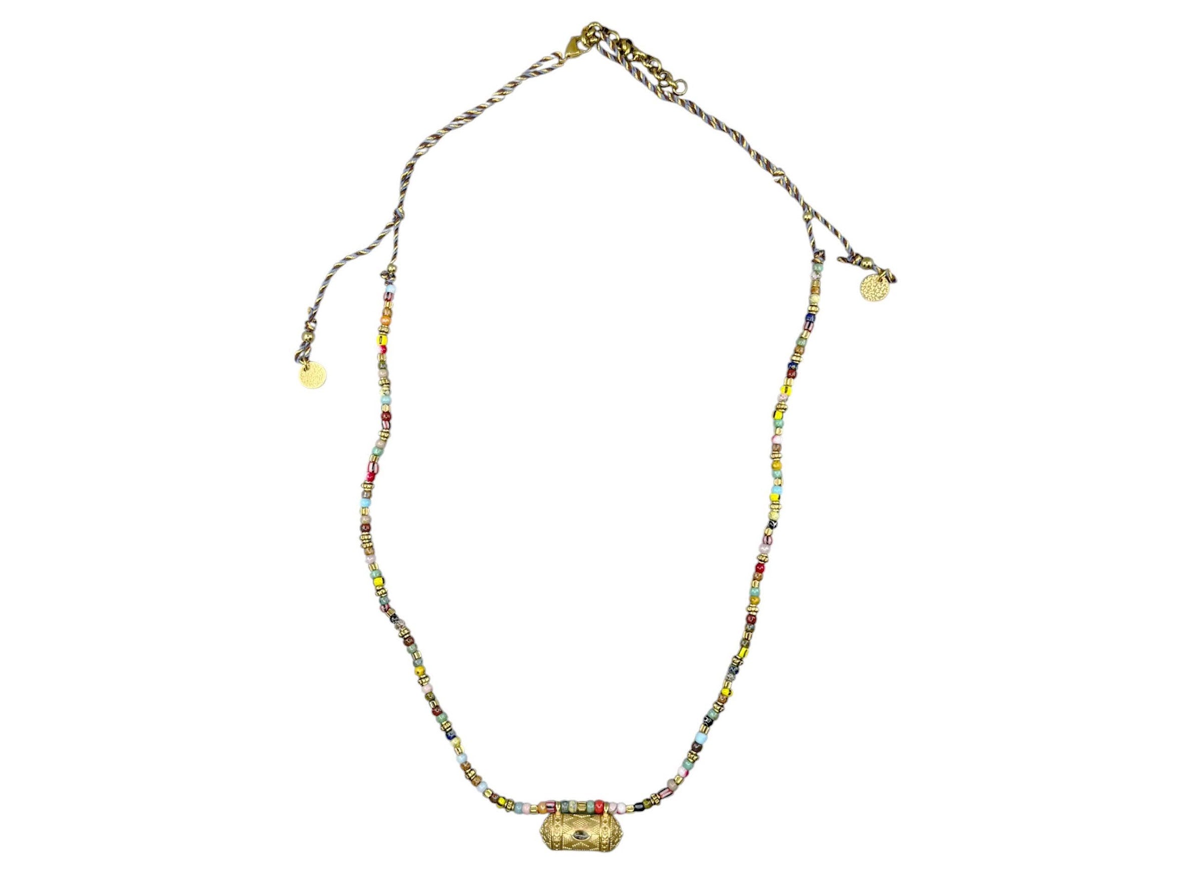 Rocaille-Style Multicolored Bead Necklace with Cylindrical Charm