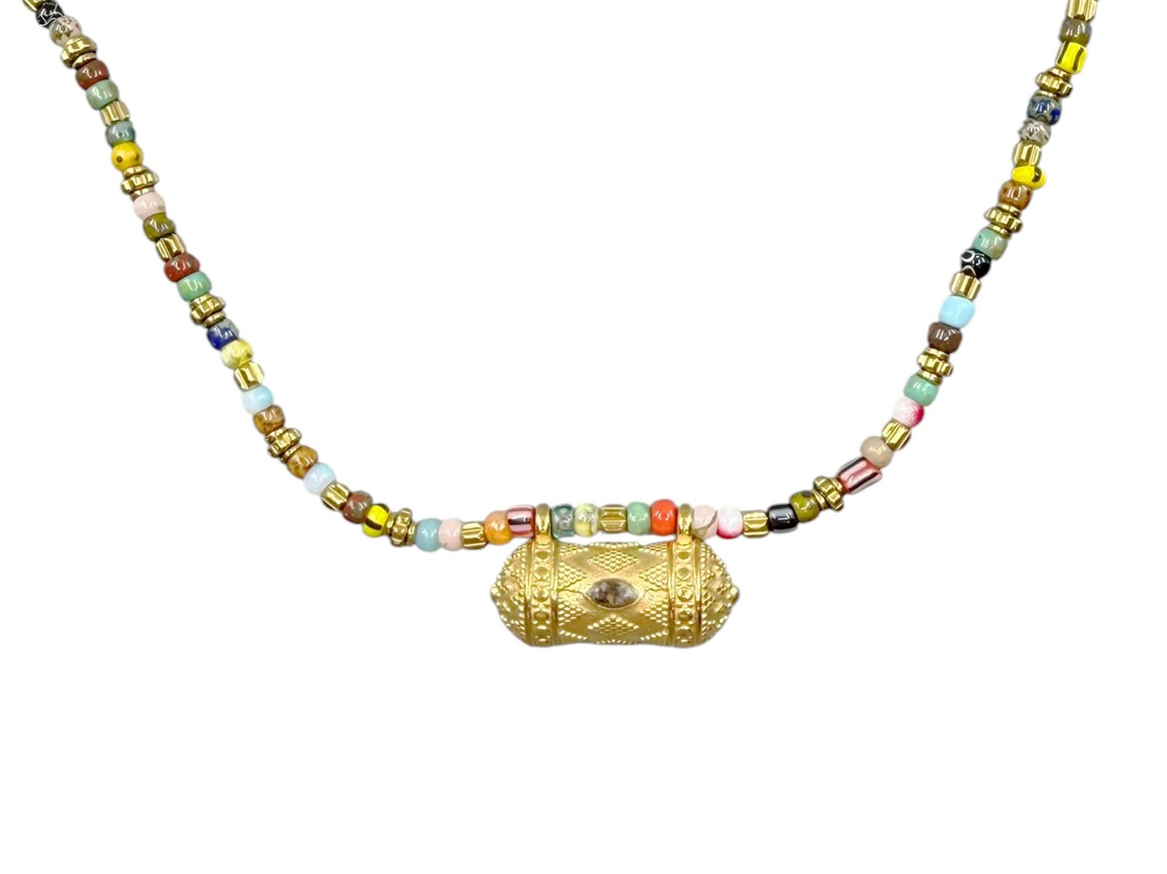 Rocaille-Style Multicolored Bead Necklace with Cylindrical Charm