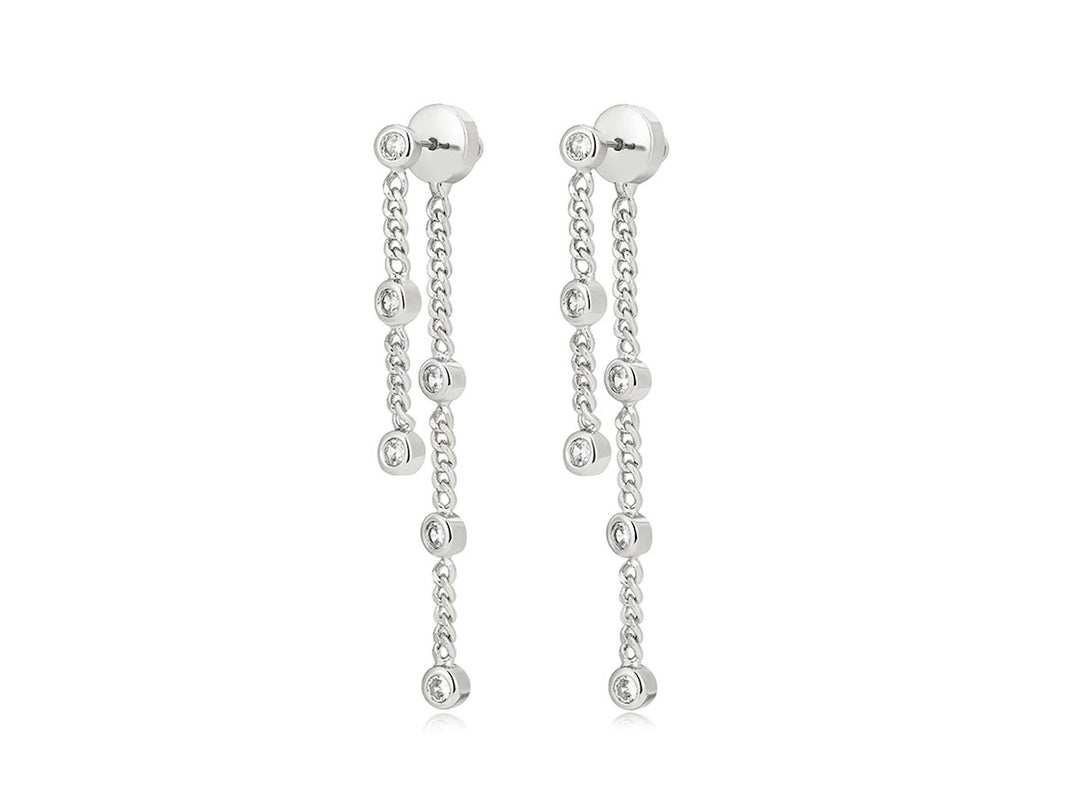 Silver Double Long to Short Chain Stud Earrings