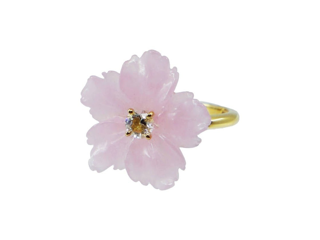 Carved Pink Quartzite Flower Ring with CZ Center