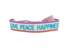 Load image into Gallery viewer, Cream and Turquoise Woven LOVE PEACE HAPPINESS Bracelet
