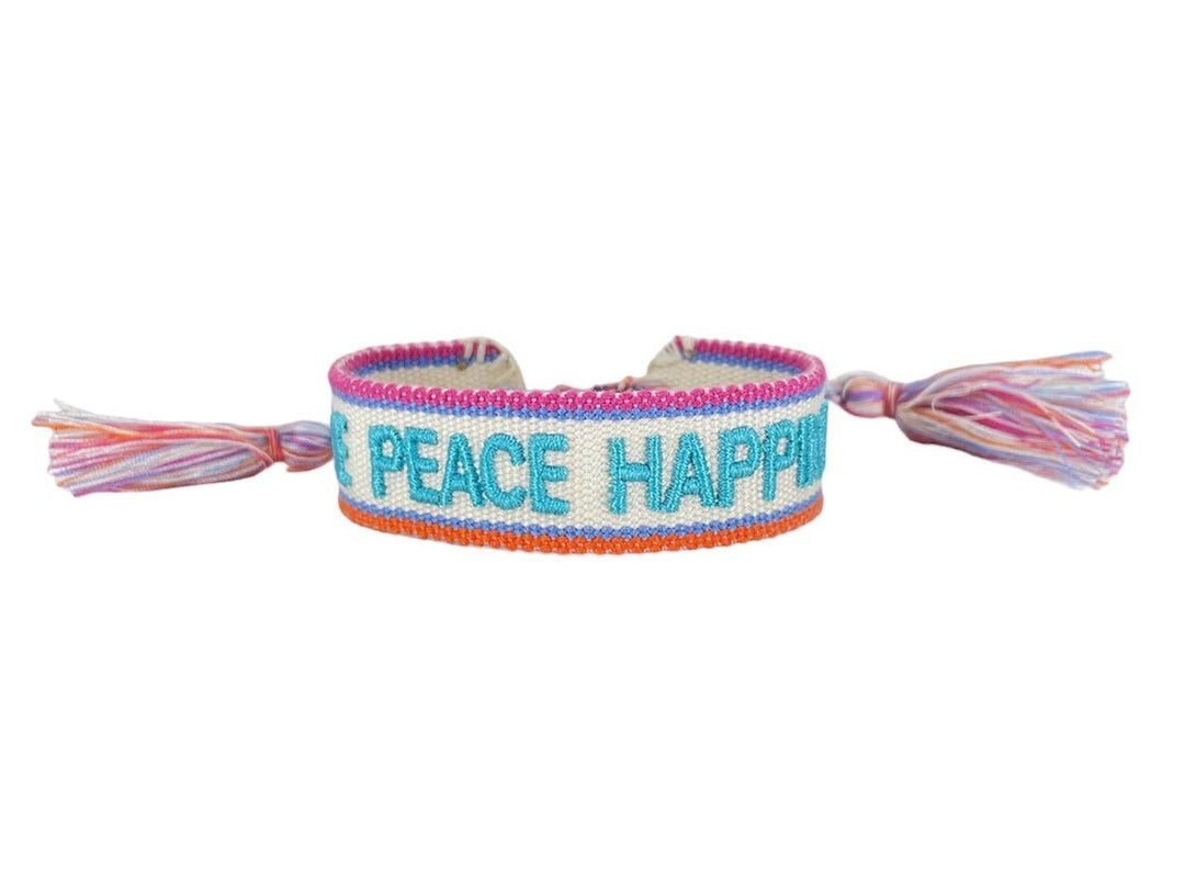 Cream and Turquoise Woven LOVE PEACE HAPPINESS Bracelet