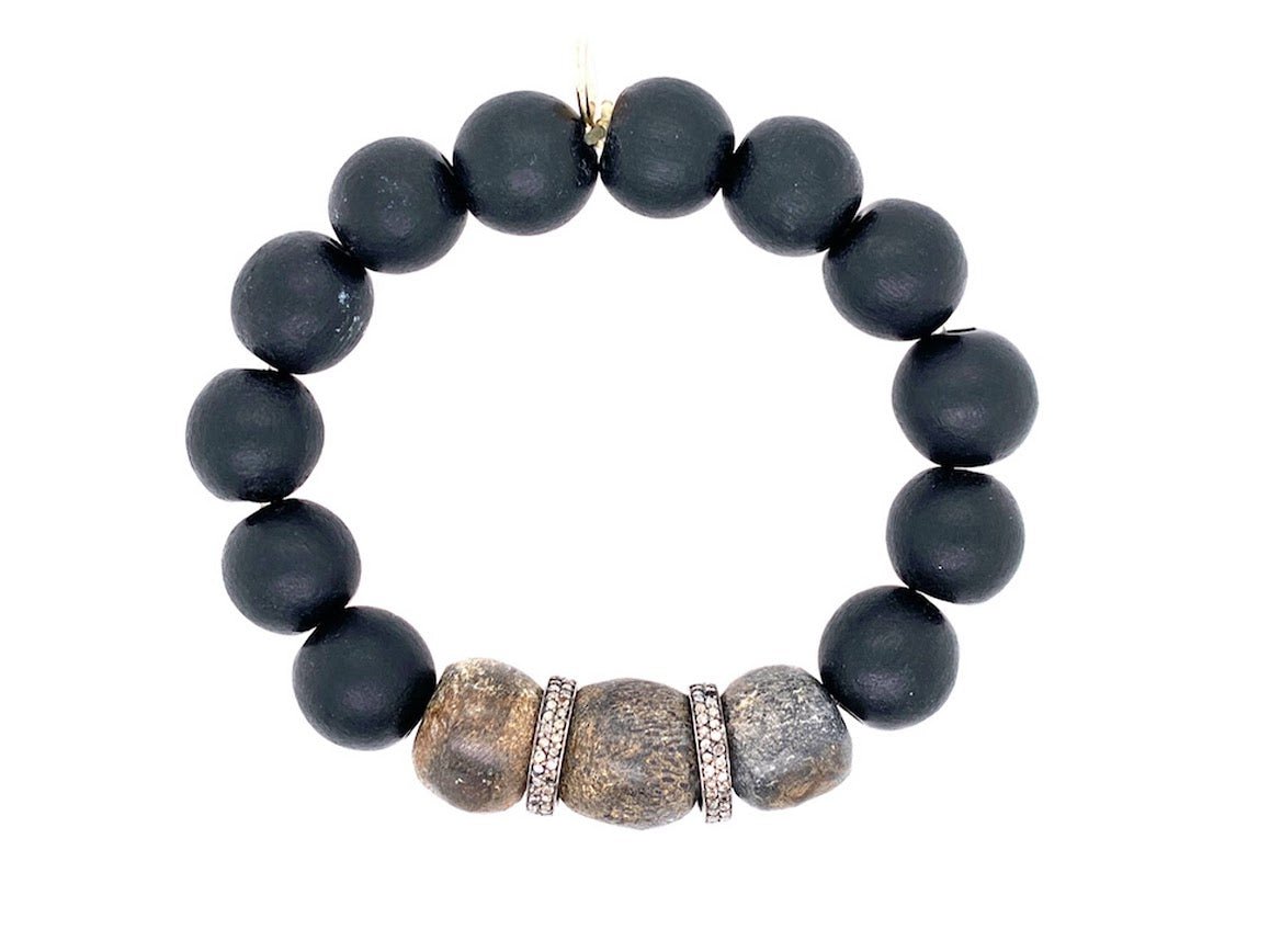 Black Wood Bracelet with Stegadon Fossil Beads and Pave Roundels