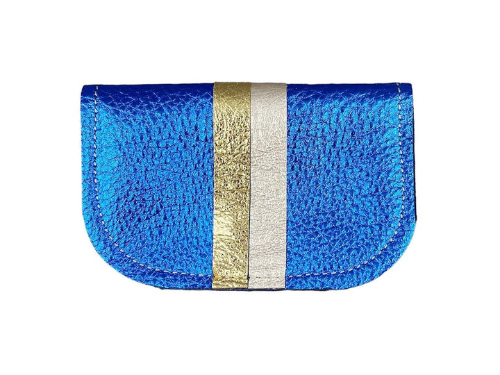 Blue Metallic Leather Wallet with Platinum and Gold Stripes