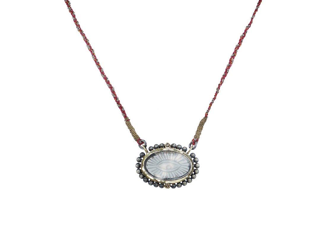 SS/10k Gold and Carved Quartz Evil Eye Necklace with Diamonds