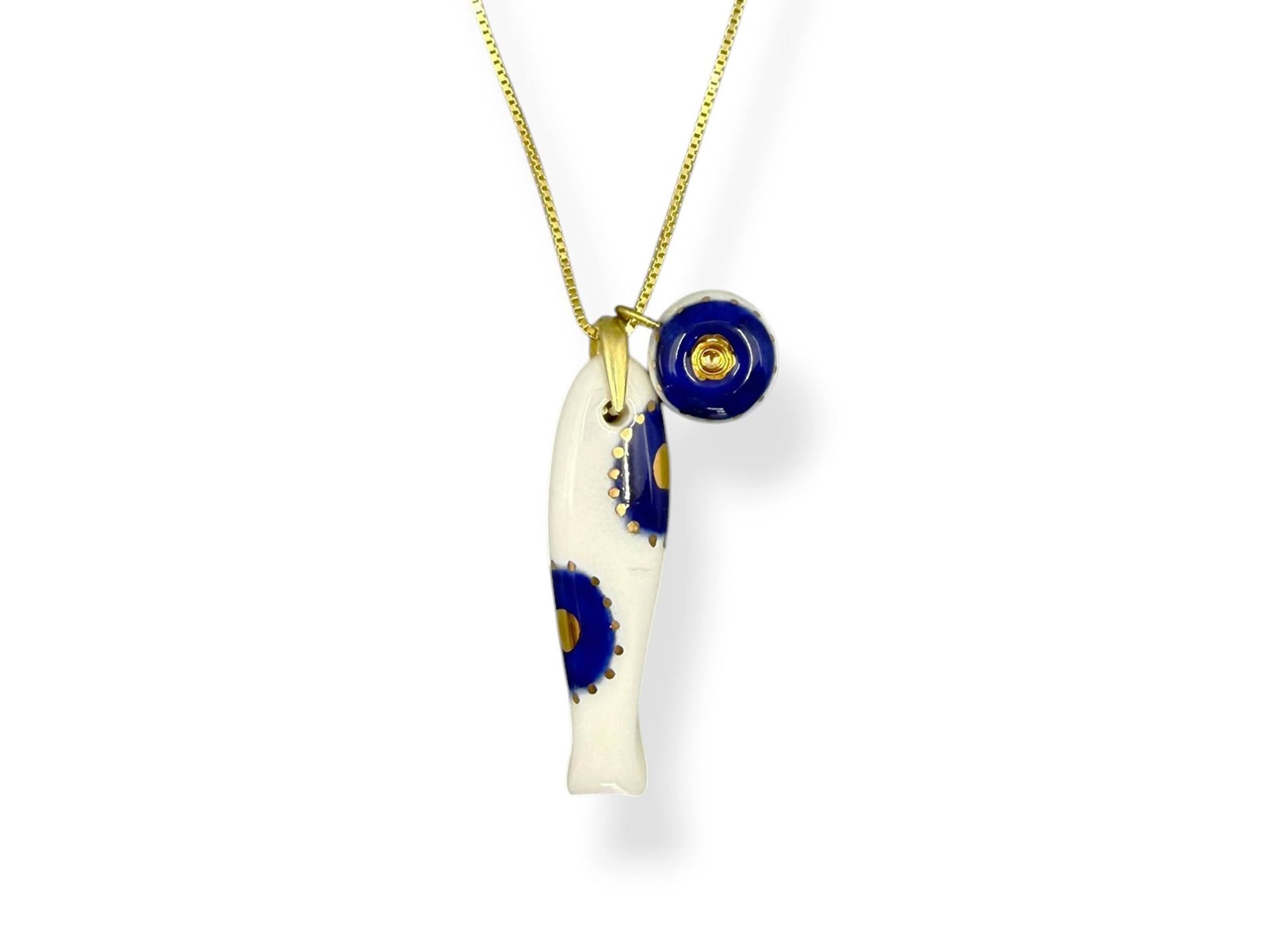 Small Porcelain Double Evil Eye Sardine Charm with Evil Eye Charm