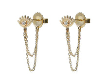 Load image into Gallery viewer, 14k Evil Eye Lash Earrings with Chains and Diamonds
