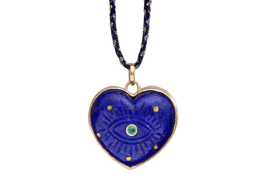 10k Blue Lapis Heart Necklace with Carved Evil Eye and Emerald