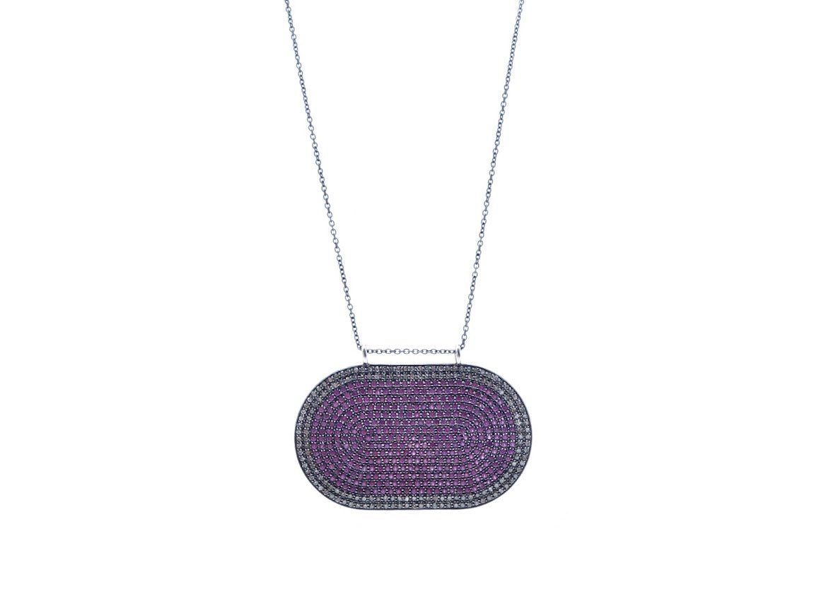SS Pink Sapphire and Diamond Oval Dog Tag Necklace