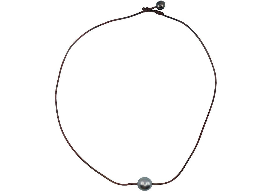 Brown Leather Necklace with Light Tahitian Pearl