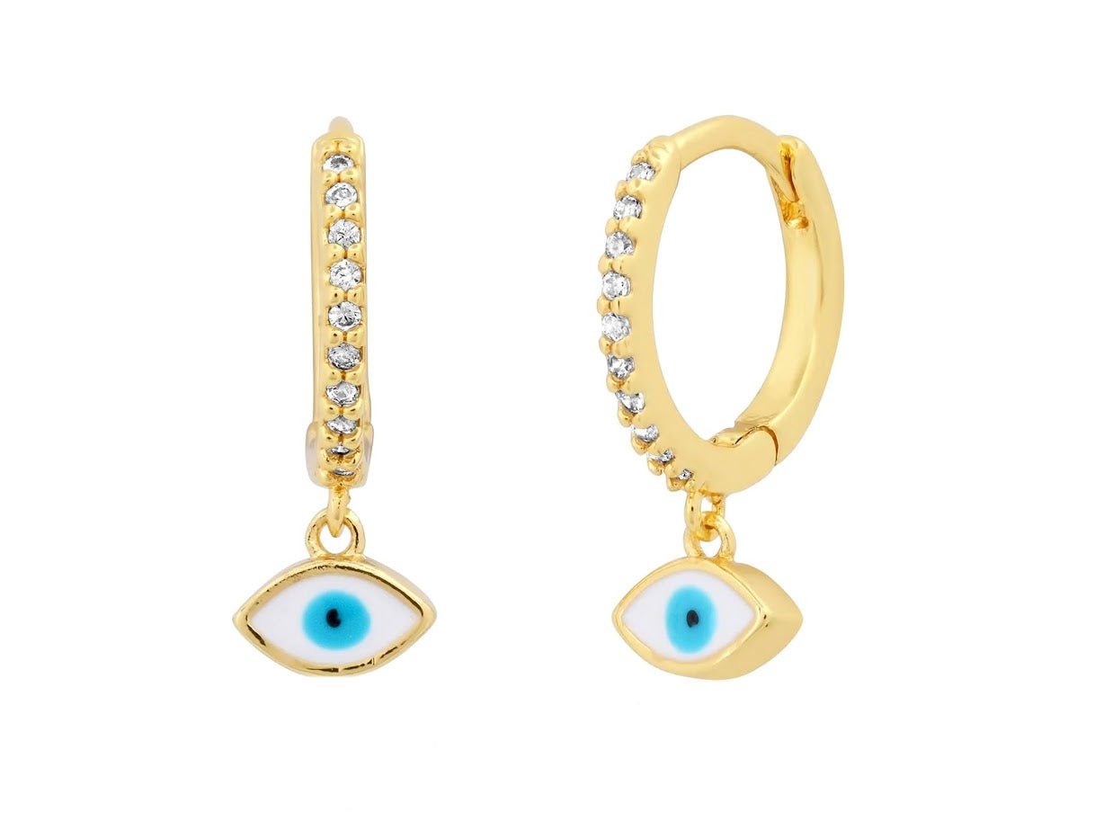 Pave CZ Huggie Hoops with Evil Eyes