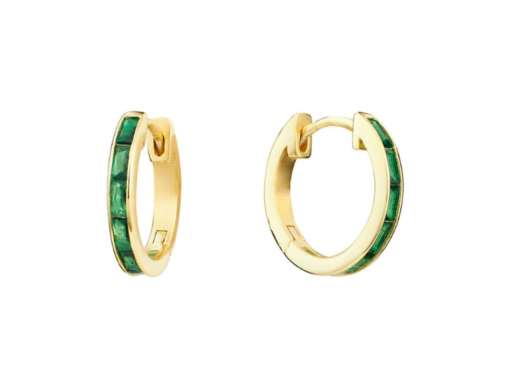 Gold Hoops with Baguette Green CZs